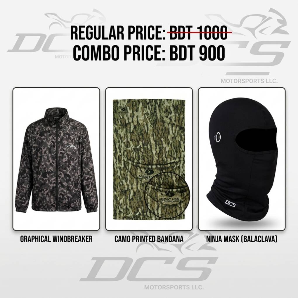 DCS Rider Essentials Combo – Graphics Windbreaker, Camo Bandana & Ninja Mask