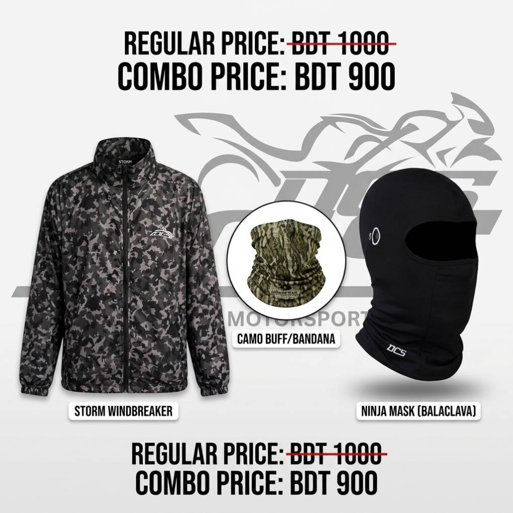 DCS Rider Essentials Combo – Graphics Windbreaker, Camo Bandana & Ninja Mask